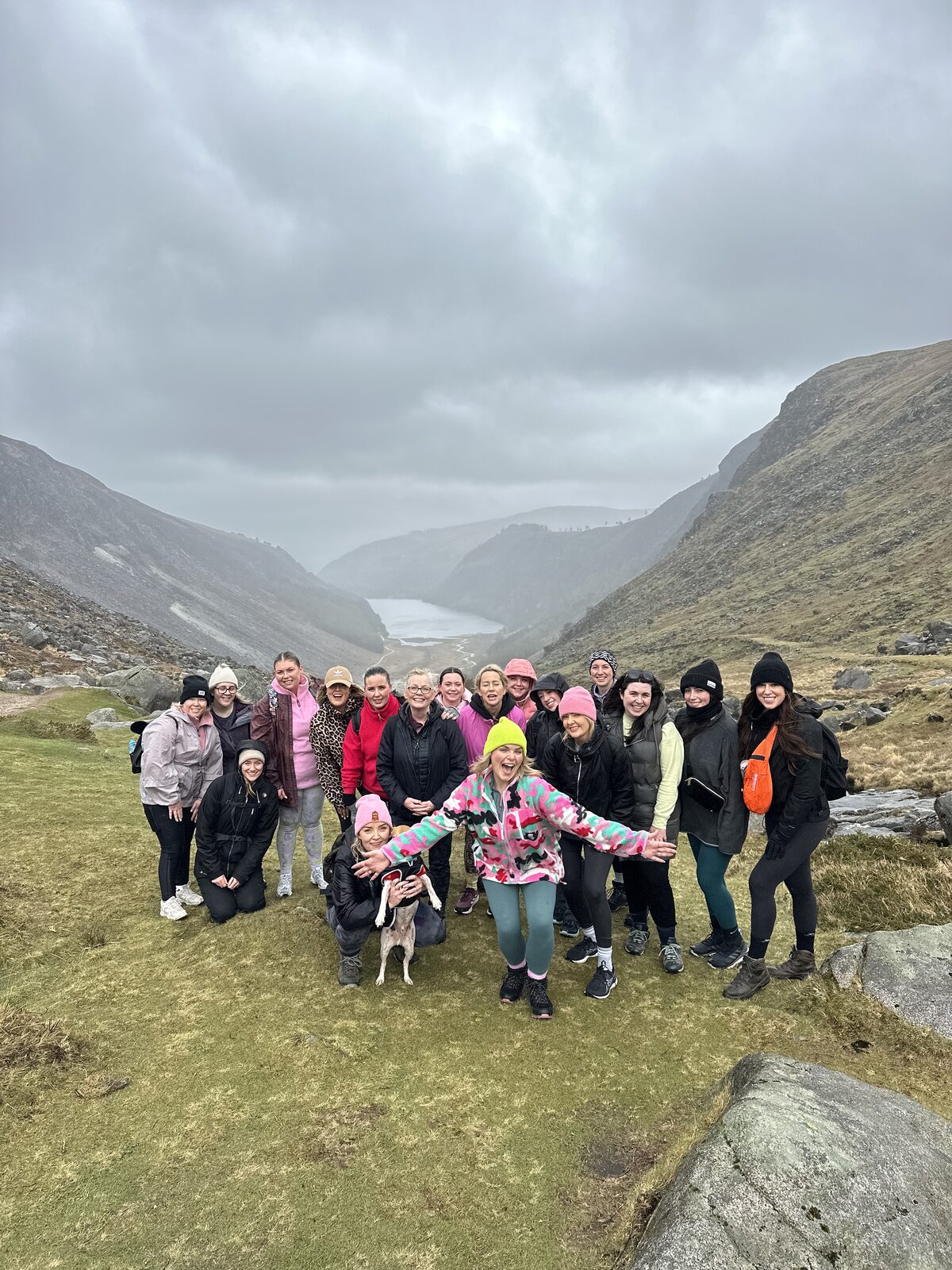Group hiking together in the mountains