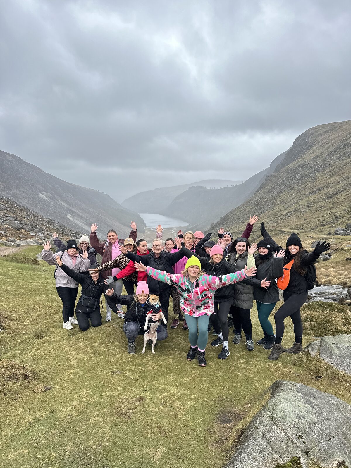Group hiking together in the mountains